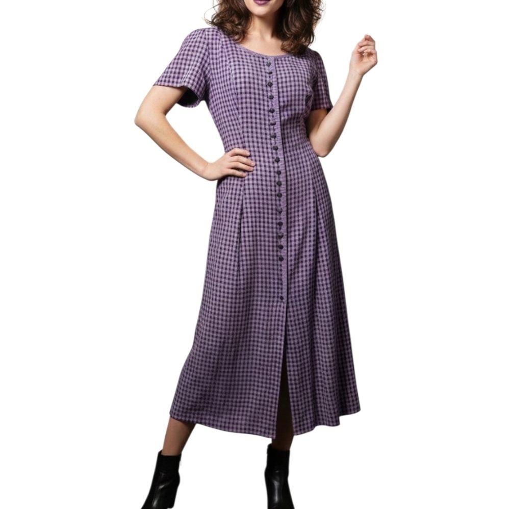 J.B.S. LTD. Vintage Purple & Black Checkered Cottagecore Button-Front Midi Dress